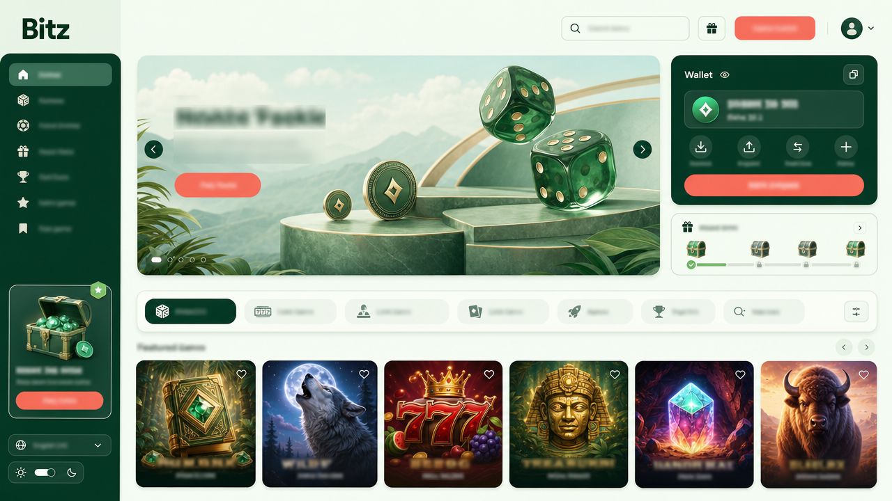 Bitz crypto casino homepage with wallet widget, category tabs and slot tiles