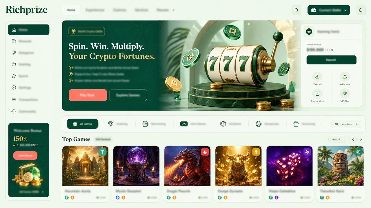 Richprize casino homepage with slot reels, game categories and a row of game tiles