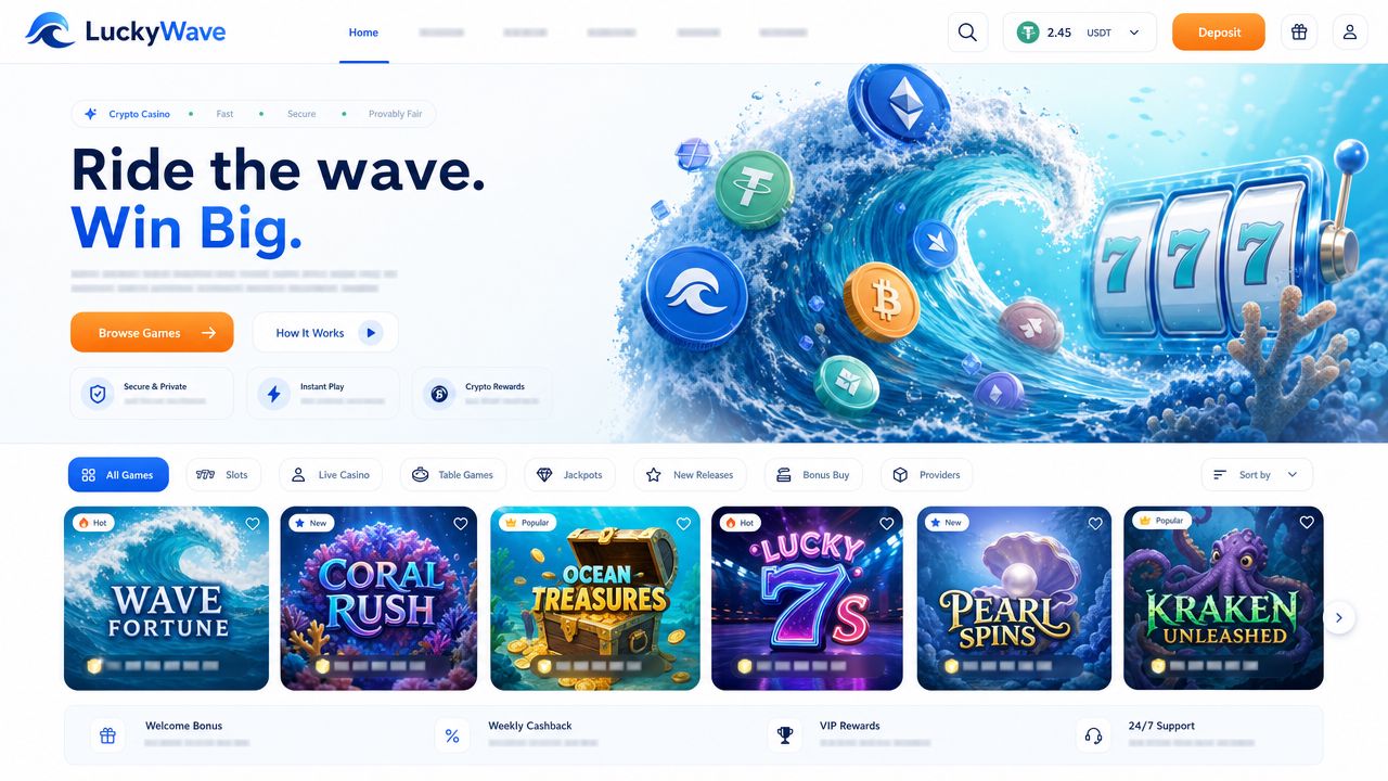 LuckyWave casino homepage with an ocean-themed layout, category tabs and game tiles