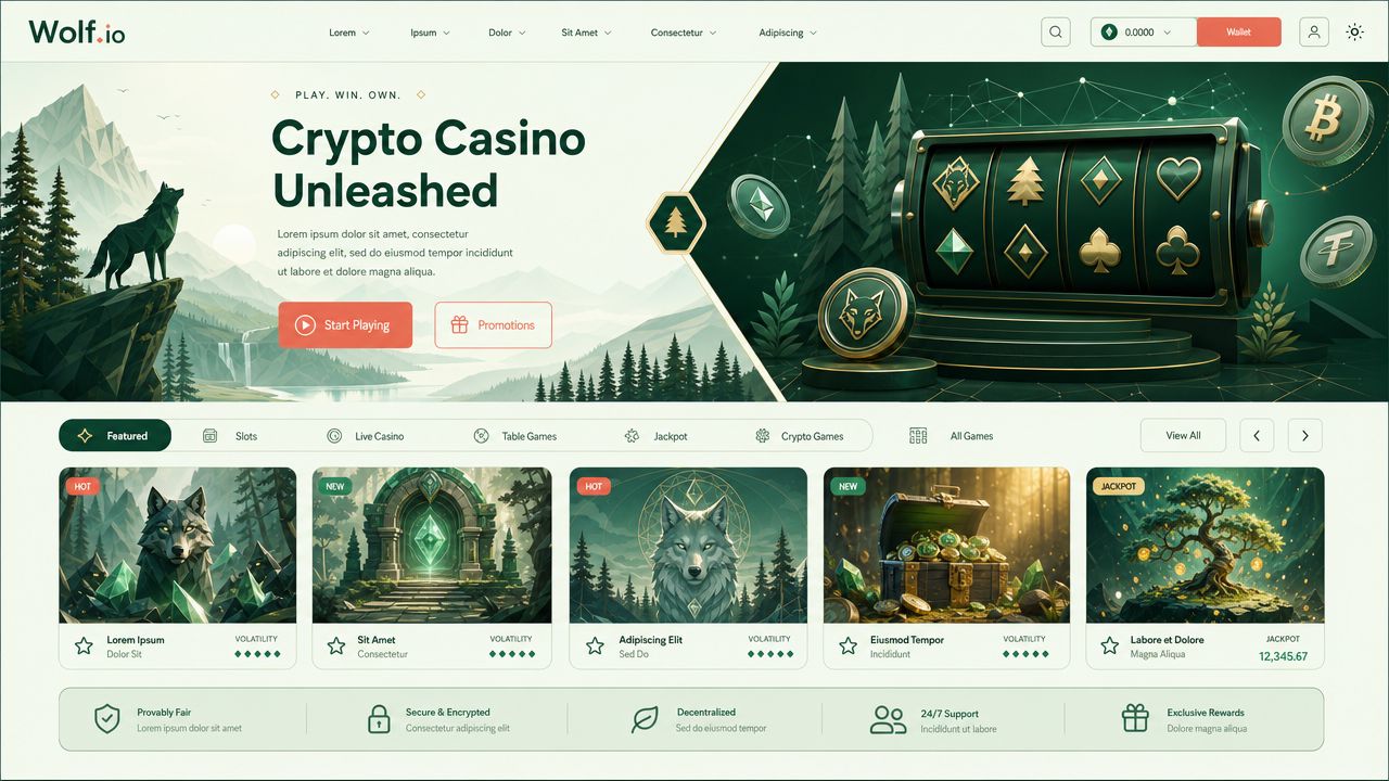 Wolf.io crypto casino homepage with slot reels, category tabs and game tiles