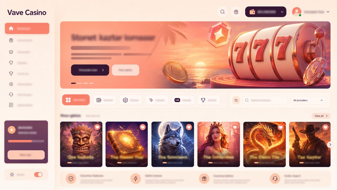 Vave Casino homepage with slot reels and game tiles in warm coral tones
