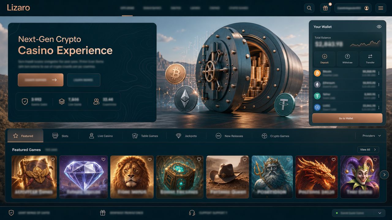 Lizaro casino homepage with game categories and wallet panel