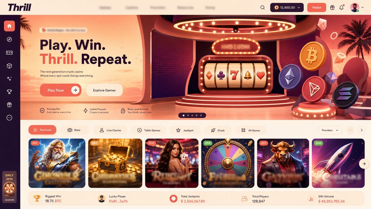 Thrill crypto casino homepage with game tiles and category tabs