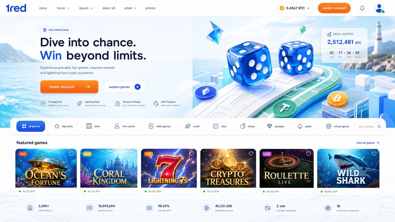 1red crypto casino homepage with slot tiles and category tabs