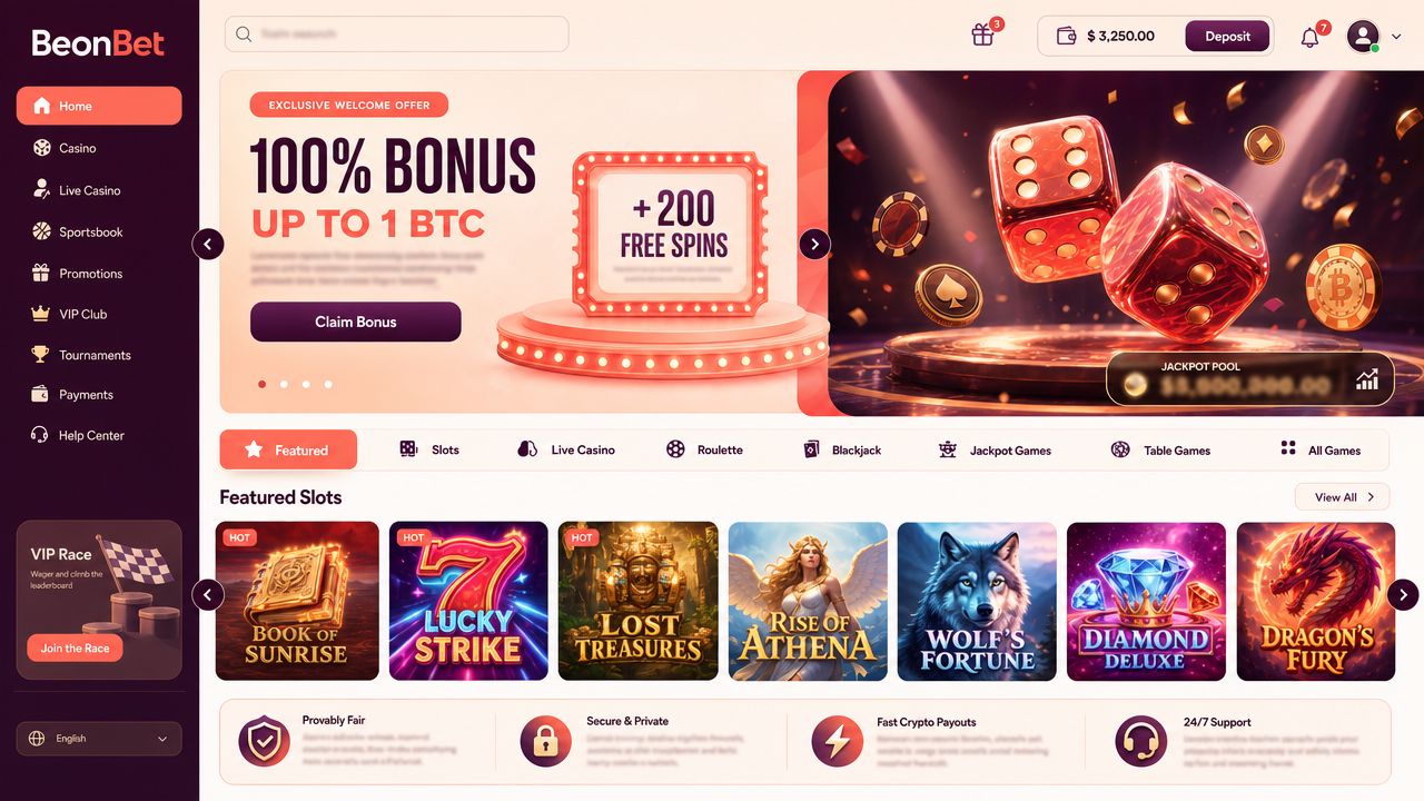 BeonBet casino homepage with game categories, slot tiles and sportsbook navigation